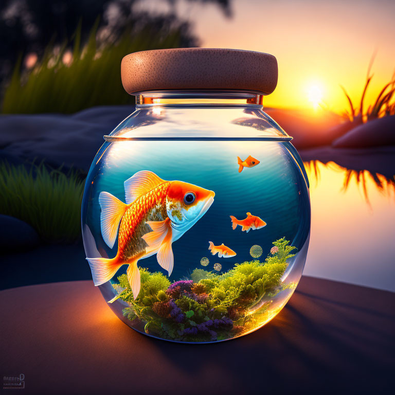 Goldfish Swimming in Round Bowl with Sunset Reflections