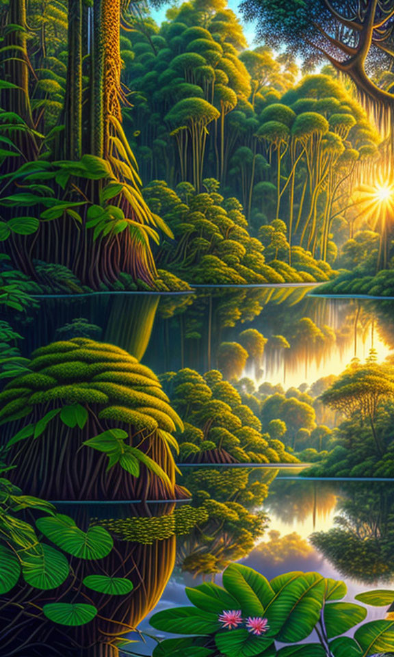 Tranquil lake with lush forest and sunrise glow