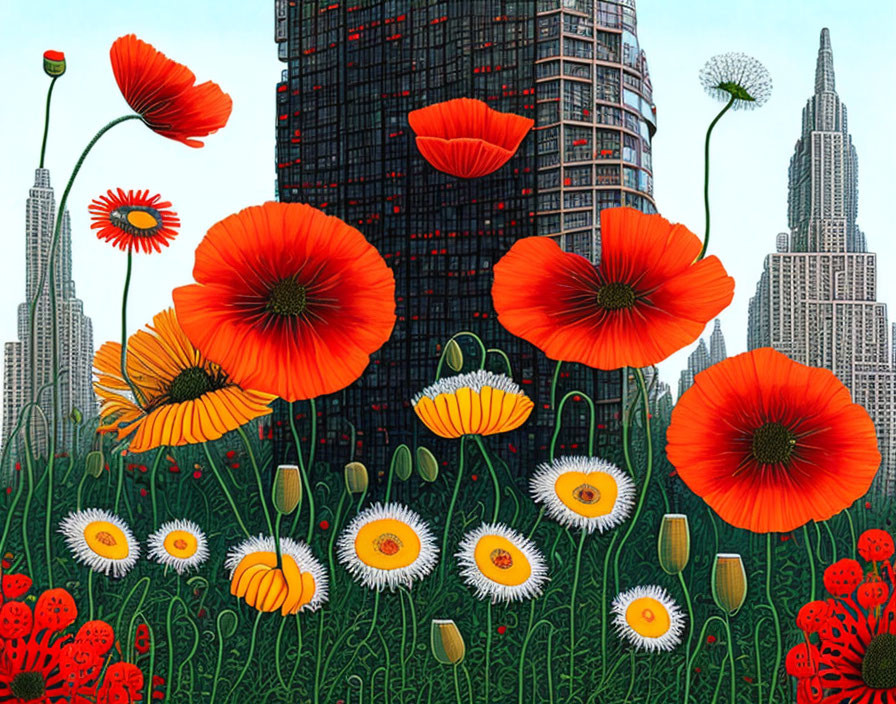 Colorful poppies and daisies against city skyscrapers and nature blend.