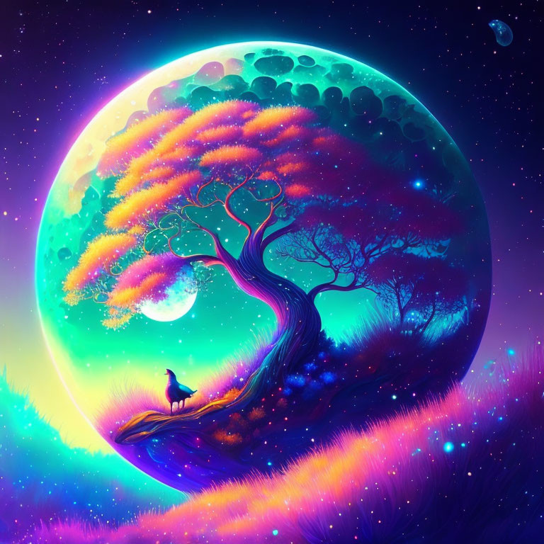 Whimsical tree and bird in cosmic landscape with celestial bodies