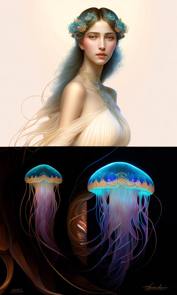 Digital Artwork: Woman with Jellyfish Hair & Realistic Glowing Jellyfish