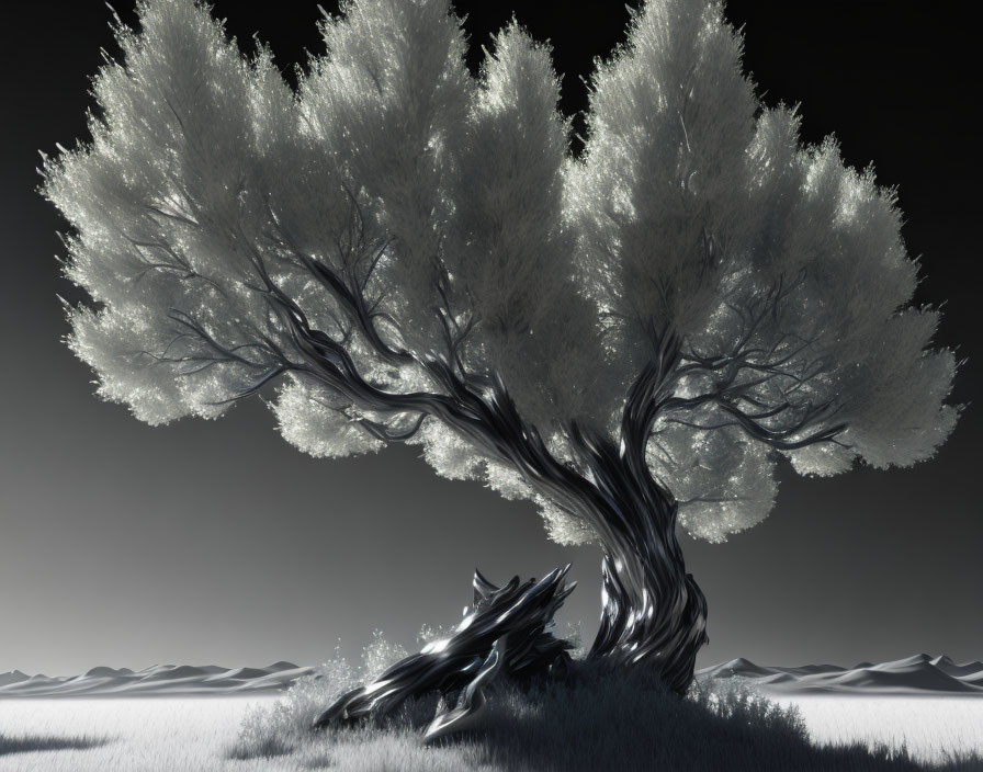 Monochrome image: Twisted tree in barren landscape