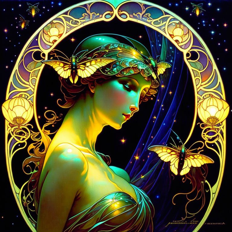 Illustration of woman with starry backdrop, butterfly adornments, and glowing flowers in golden frame