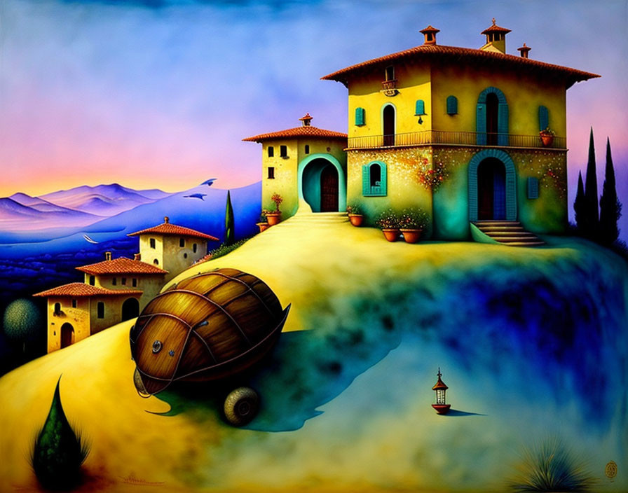 Surreal painting of Italian villa on flowing landscape with oversized wine barrel