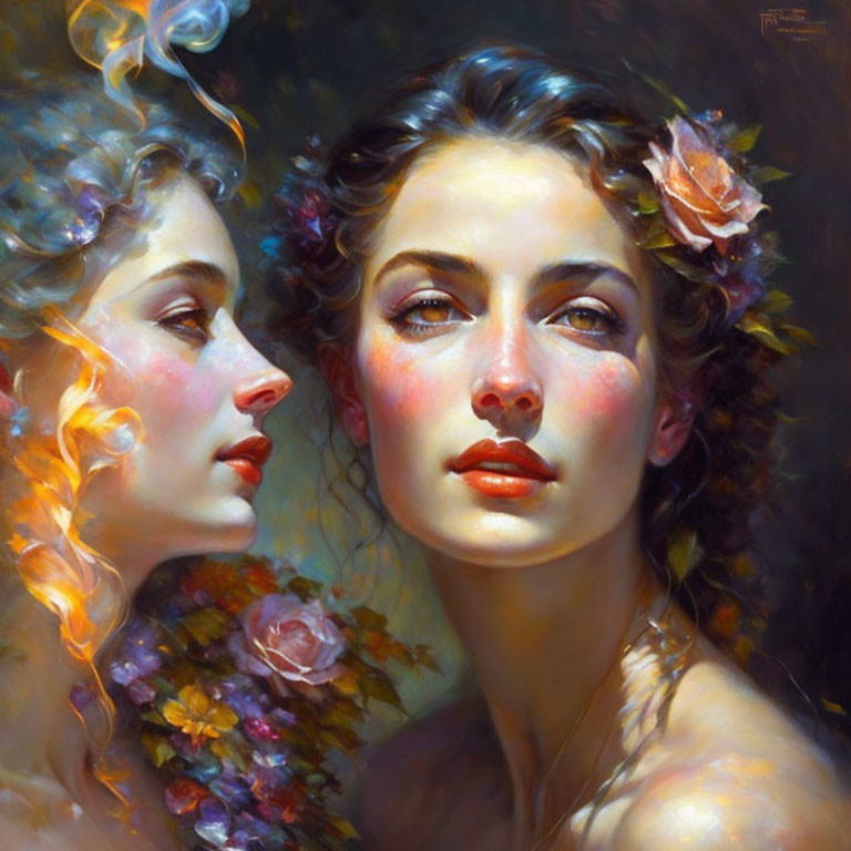 Ethereal portrait of two women with glowing complexions and floral hair adornments