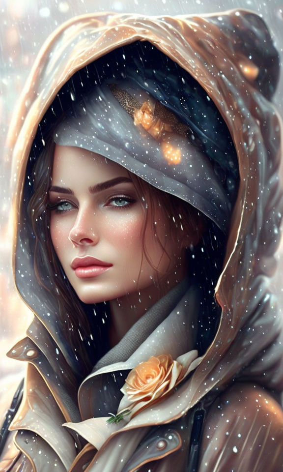 Hooded woman in snow with glowing rose pendant