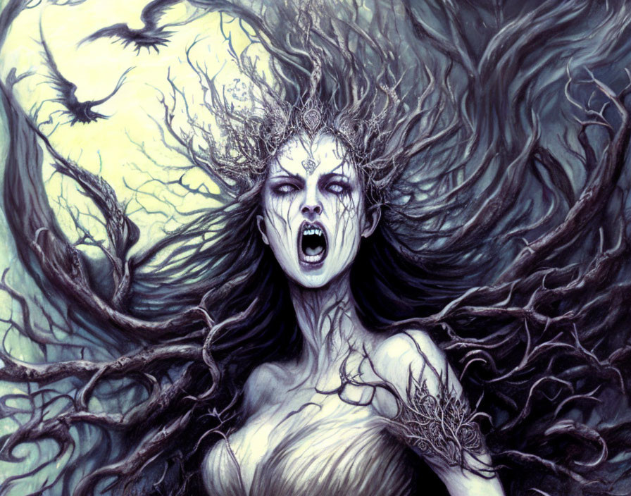 Illustration of fierce woman with flowing hair merging into tree branches, screaming, bird flying.