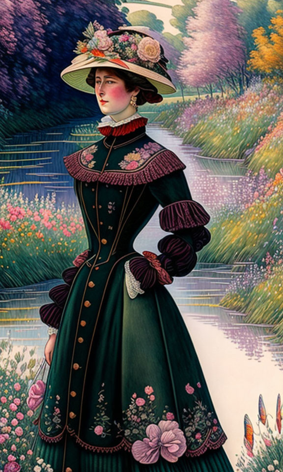 Victorian-era woman in floral dress by serene river