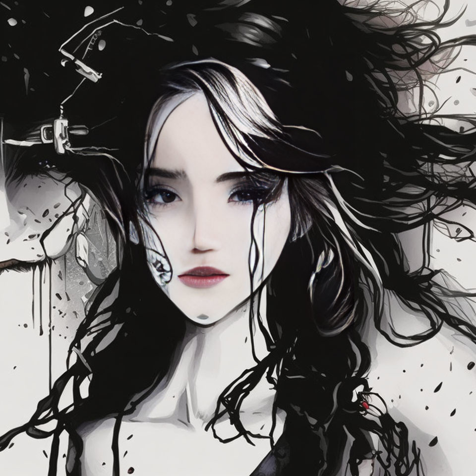 Monochromatic artistic illustration of a woman with flowing hair and splatter effects