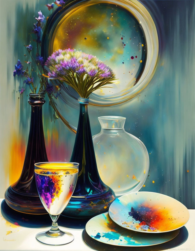 Colorful floral still-life painting with dark vase, glass, jug, plate on cosmic background