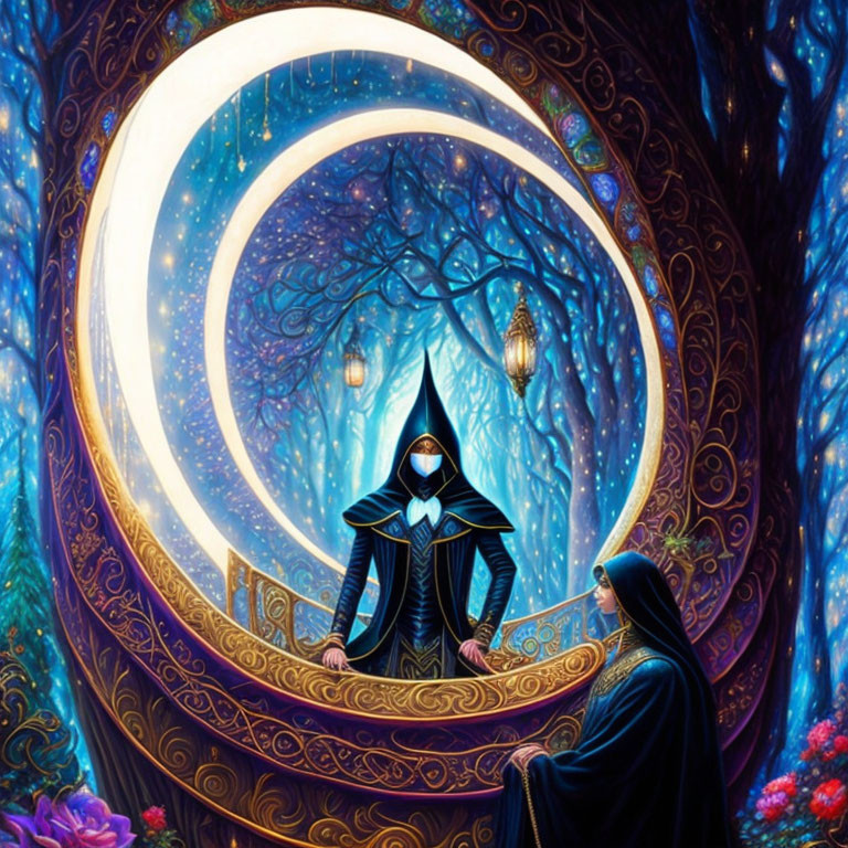 Mystical artwork: Two figures under crescent moon in enchanted forest