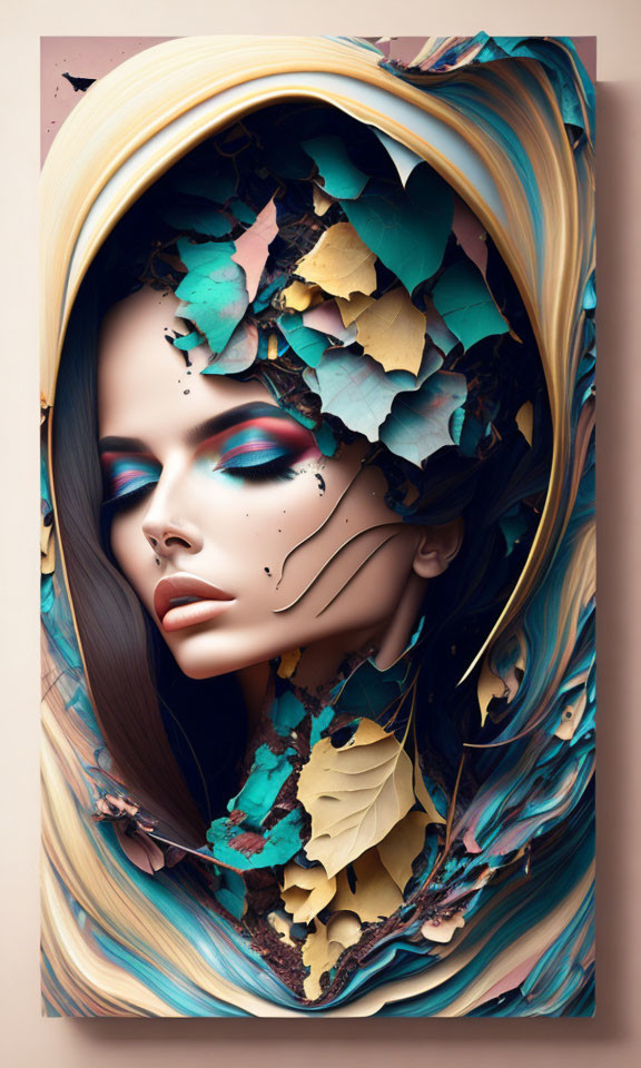 Surreal portrait of woman with cascading hair and earth tone fragments