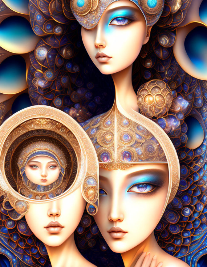 Vibrant digital artwork: Two women with golden headpieces and blue eyes in intricate patterns