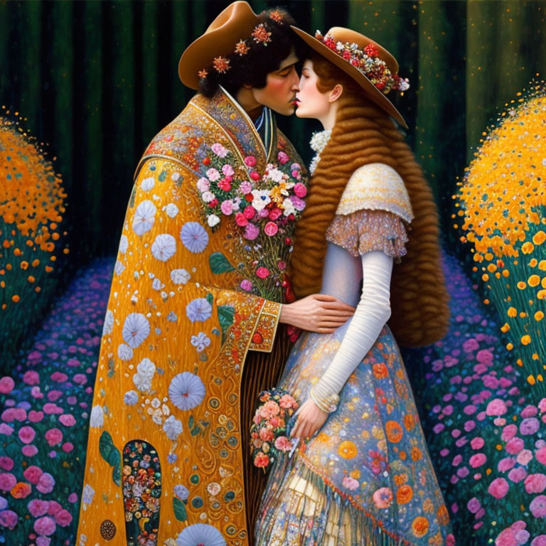 Elaborate Floral-Patterned Garments Kiss in Flower-Filled Scene