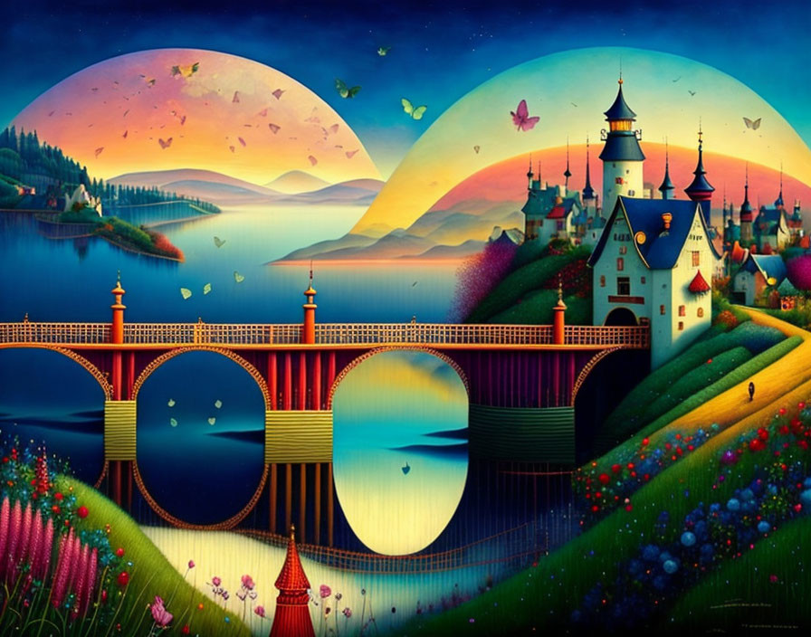 Colorful Landscape Painting with Castle, Bridge, Moon, Water Reflection, Flowers, and Wildlife