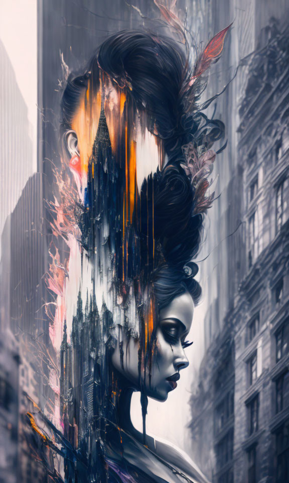 Digital artwork: Woman's profile merged with urban elements, colorful melting paint streaks