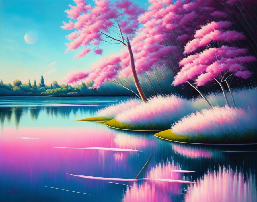 Pink Cherry Blossom Trees Painting by Tranquil Lake at Twilight