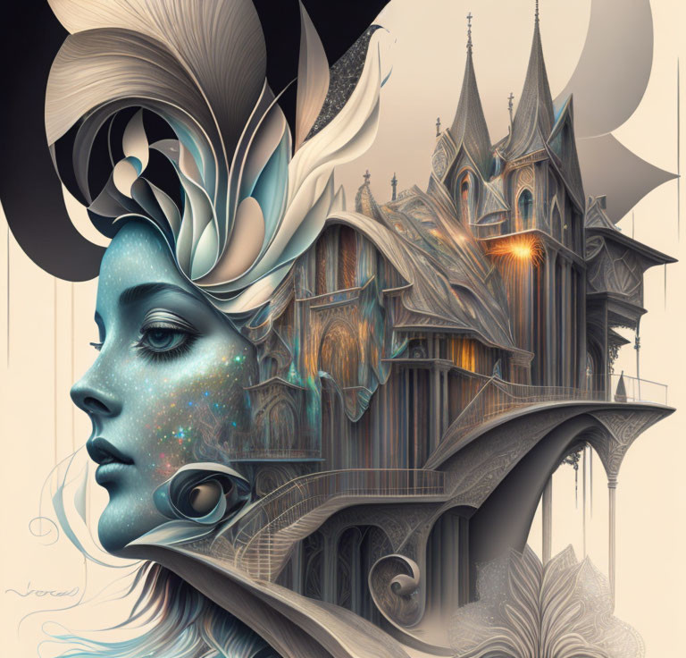 Surreal cosmic profile art with gothic house on soft background