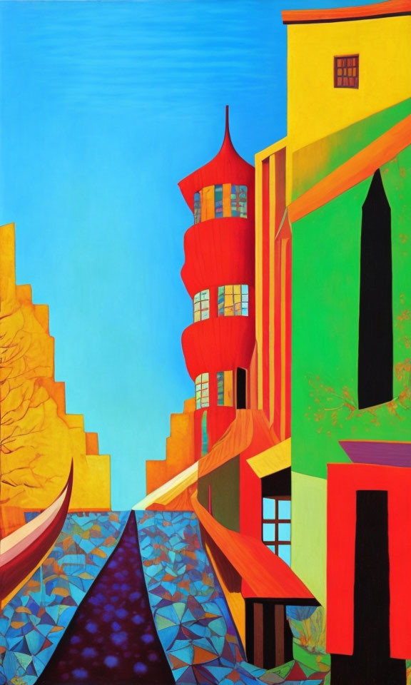 Colorful painting with red spiral tower and bright buildings under blue sky