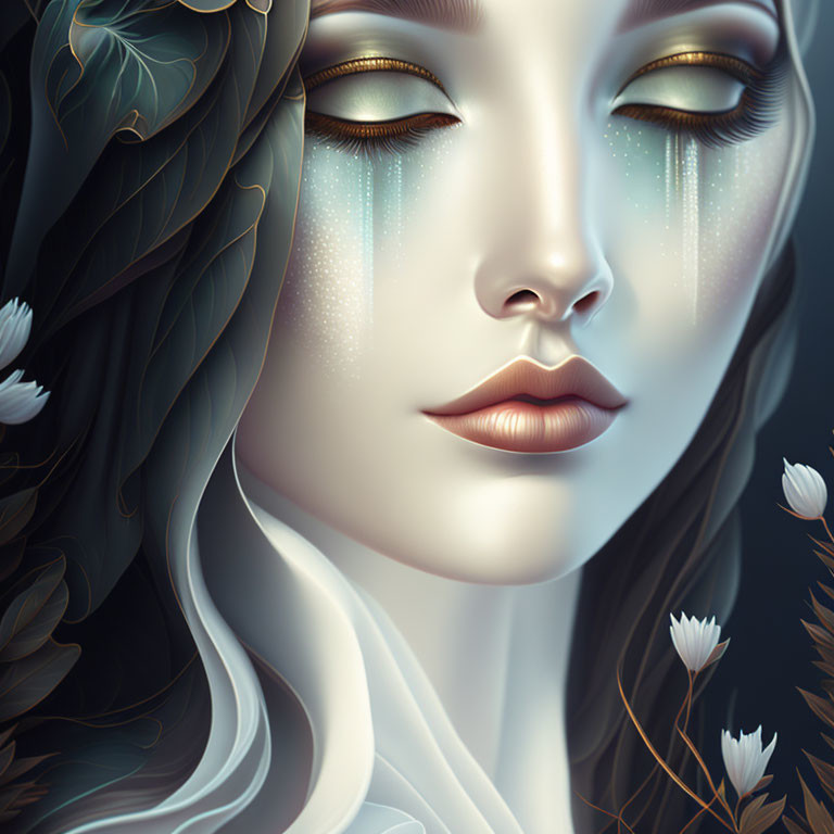 Detailed illustration of woman with closed eyes, glitter tears, elegant features surrounded by white flowers