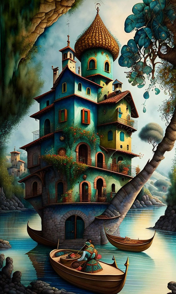 Fantasy illustration of whimsical treehouse in lush setting