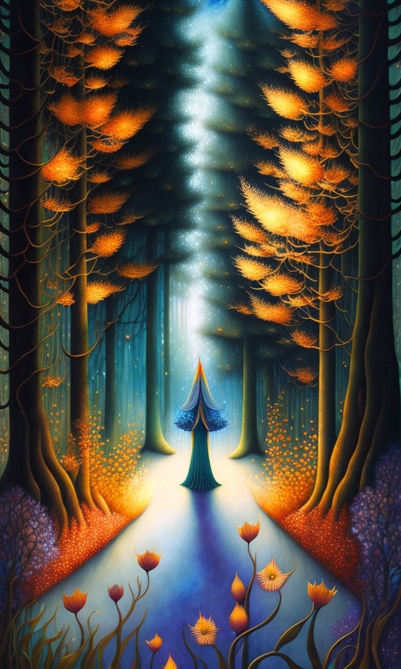 Enchanted forest with glowing flowers, luminous path, and figure emitting blue light