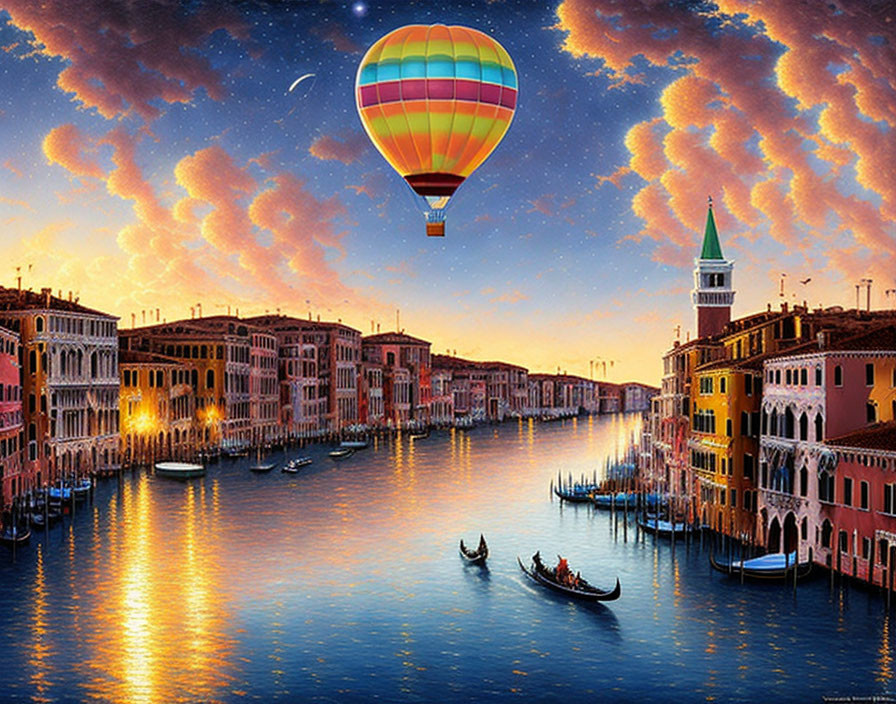 Colorful hot air balloon over Venice canal at dusk with gondolas and shooting star