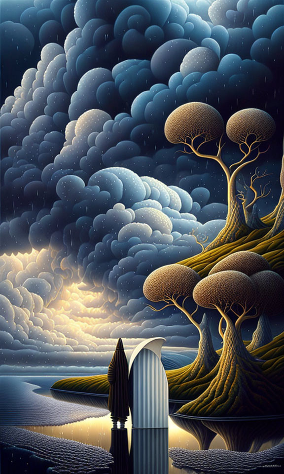 Surreal landscape with stylized trees, starry sky, rain clouds, boat, figure with