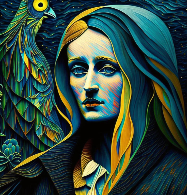 Vibrant stylized artwork of woman with peacock in blue and yellow palette