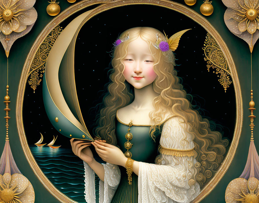 Whimsical girl holding crescent moon in serene sea surrounded by ornate motifs