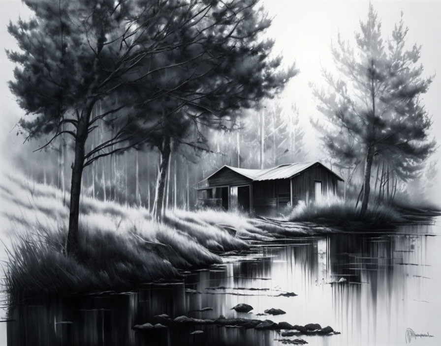 Tranquil monochrome forest painting with cabin, lake, trees, and mist