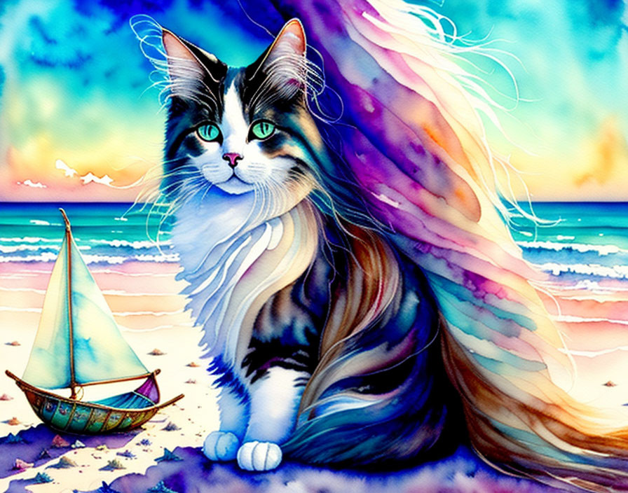 Vibrant illustration of majestic cat with wings by seaside