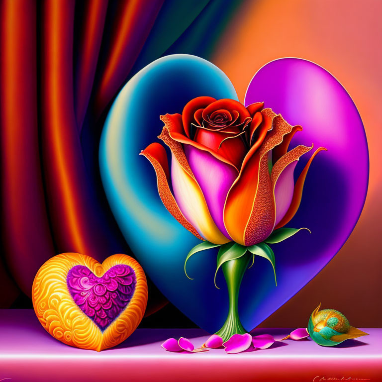 Colorful digital artwork: Large surreal rose, heart shapes, swirling patterns