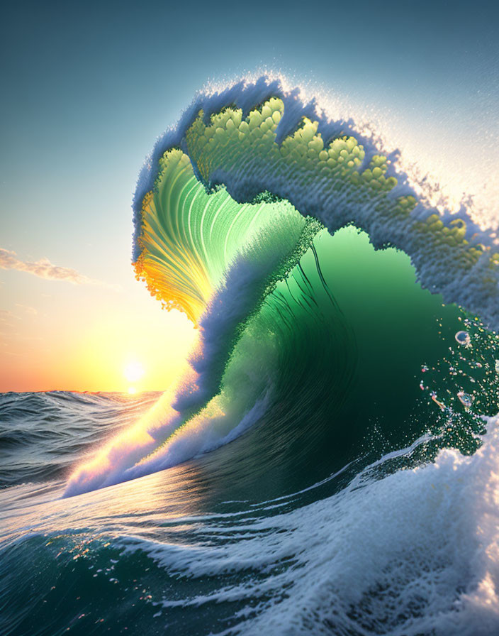 Colorful wave cresting at sunset with intricate textures and light reflections