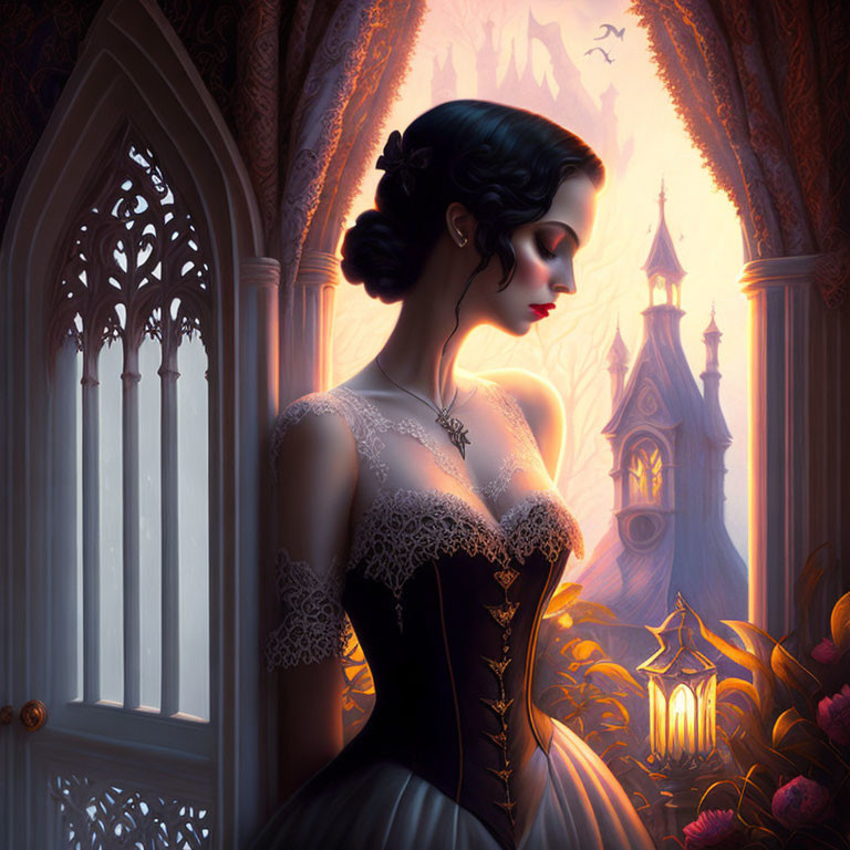 Woman in corseted gown gazes at mystical landscape with castle and bats.