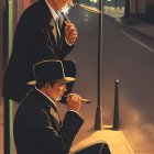 Two men in suits and fedoras smoking pipes and cigars on dimly lit street