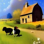 Colorful painting of woman with horse in blooming meadow near cottage