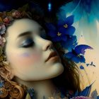 Digital artwork: Woman with luminous skin, dark hair flowing among vibrant blue and golden flowers