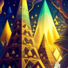 Fantastical landscape with geometric golden trees under starry sky and glowing river.