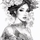 Monochromatic woman illustration with floral elements and roses in hair