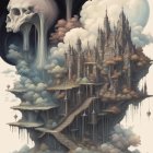 Surreal cosmic profile art with gothic house on soft background