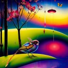 Colorful Bird on Leaf Amidst Raindrops and Butterflies in Vibrant Digital Art