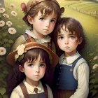 Vintage-styled children with blue eyes and hats by a flowering hedge and cottage