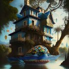 Fantasy illustration of whimsical treehouse in lush setting