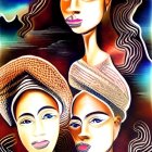 Vibrant digital artwork: Two women with golden headpieces and blue eyes in intricate patterns