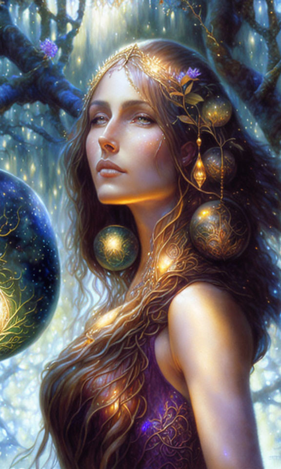 Ethereal woman with golden headpiece amid celestial orbs