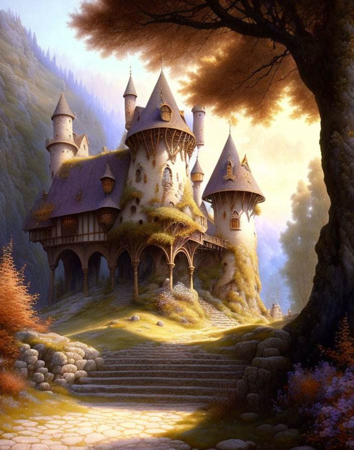 Fairytale castle in golden-hued forest with cobblestone pathway