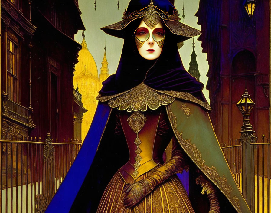 Masked Woman in Regal Attire Against Gothic Architecture at Twilight