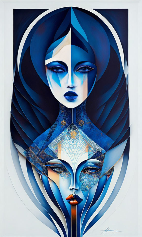 Stylized female face with blue hues and geometric patterns