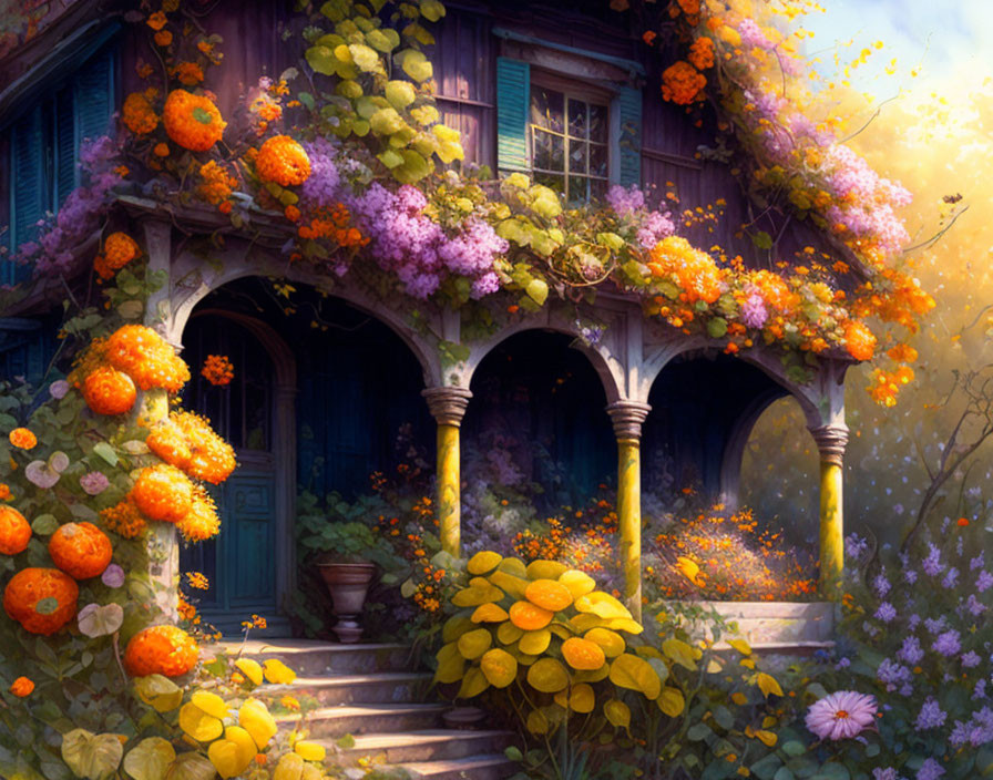 Colorful illustration of quaint house with blue doors and vibrant flowers under golden sunlight